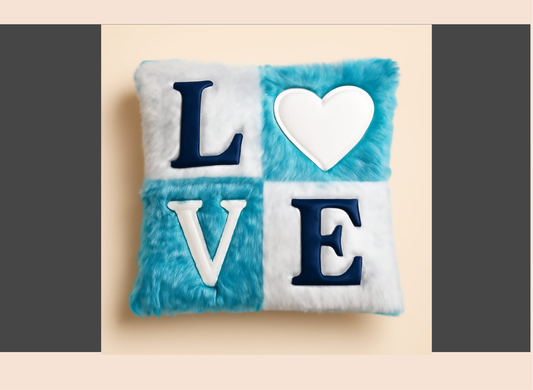 Fluffy pillow with 'LOVE' letters and a heart on a beige background