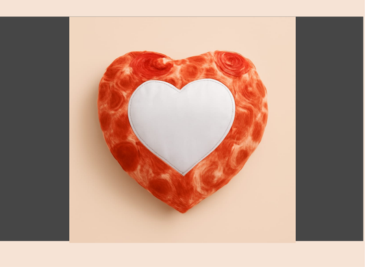 Heart-shaped pillow with red rose pattern on a beige background