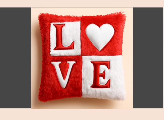 Red and white pillow with 'LOVE' letters and a heart on a beige background