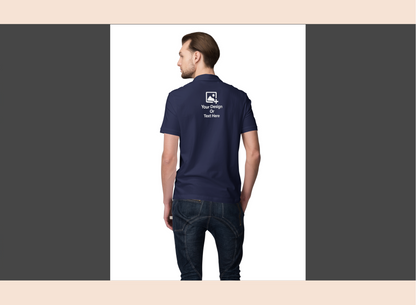 Man wearing a navy blue t-shirt with text on the back, standing against a white background.