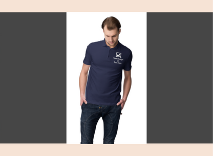 Man wearing a navy blue polo shirt with a logo on a white background