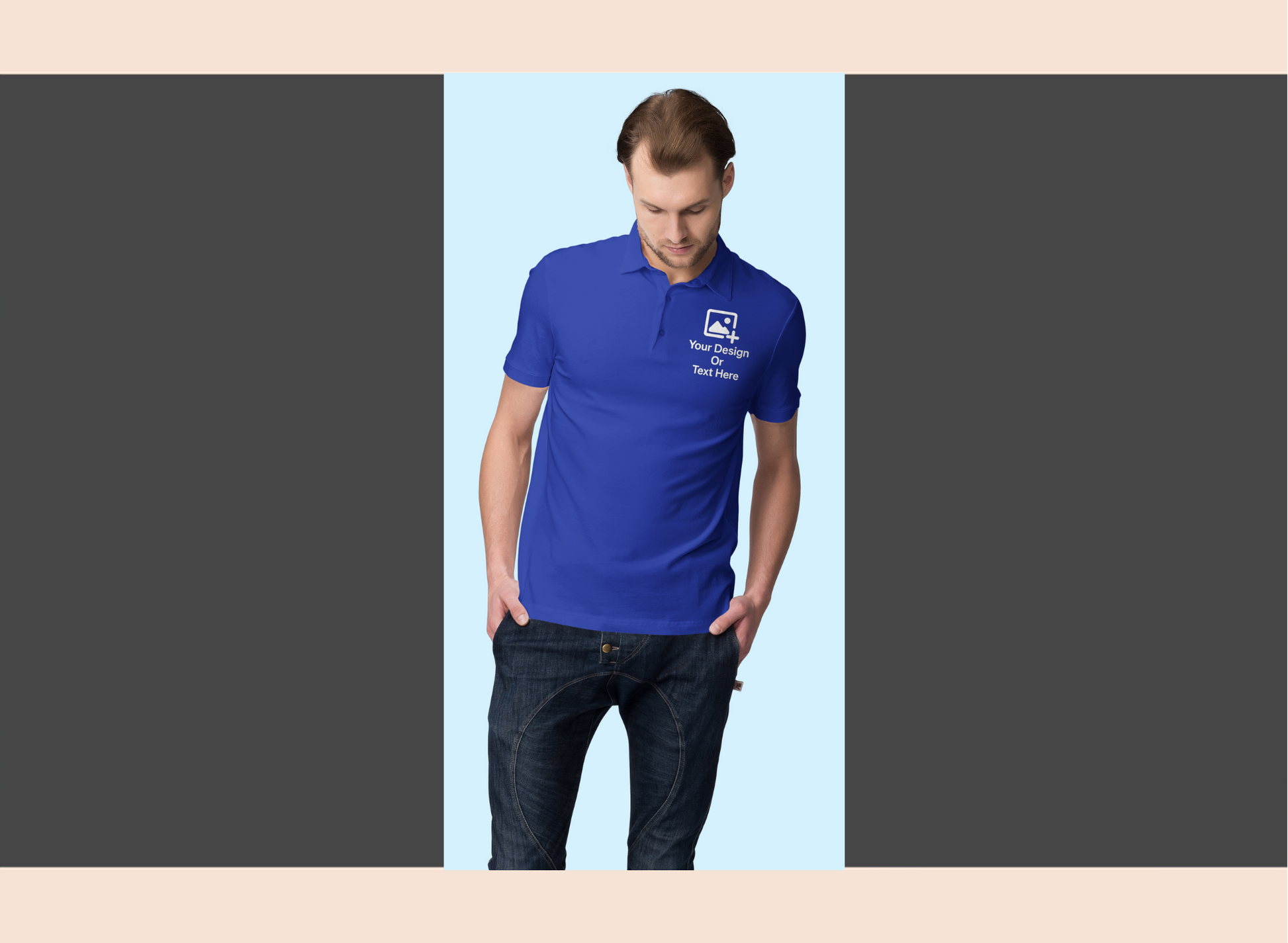 Man wearing a blue polo shirt with a logo on a light blue background