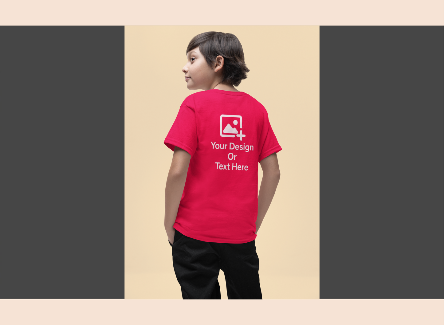 Child wearing a red t-shirt with customizable text or design on a beige background