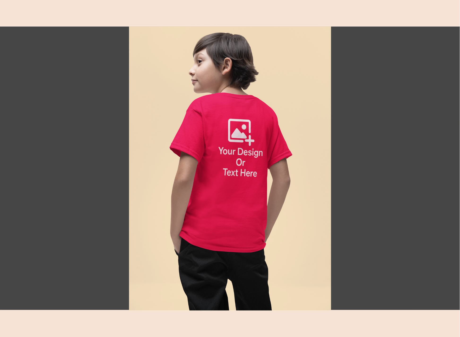 Child wearing a red t-shirt with customizable text or design on a beige background