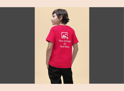 Child wearing a red t-shirt with customizable text or design on a beige background