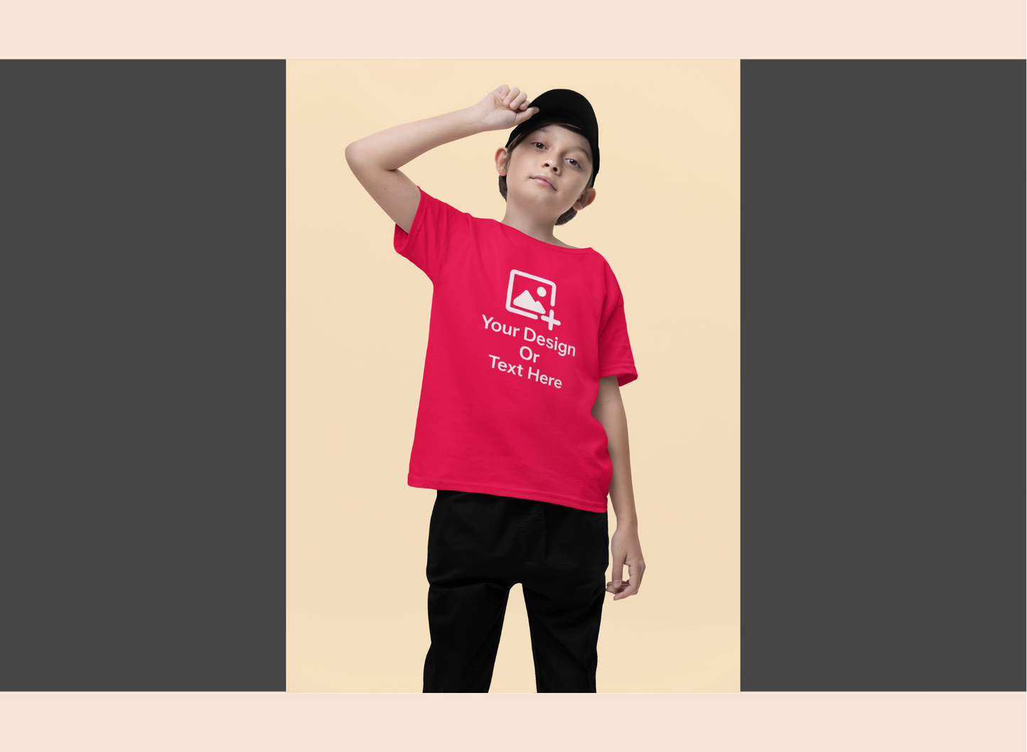 Person wearing a red t-shirt with customizable text and design area on a beige background