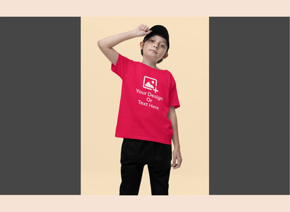 Person wearing a red t-shirt with customizable text and design area on a beige background