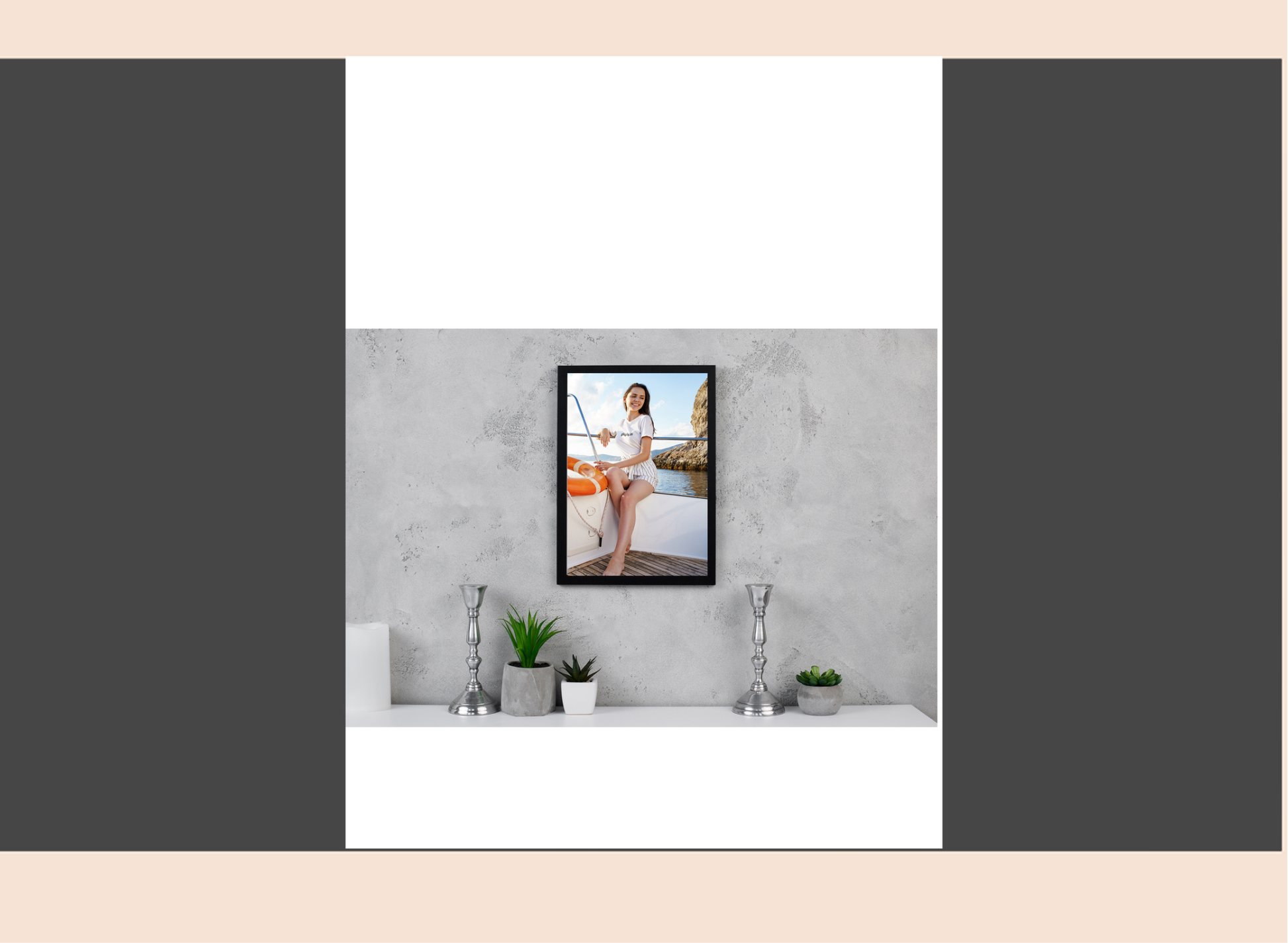 Framed picture of a woman on a wall in a room with decor elements.