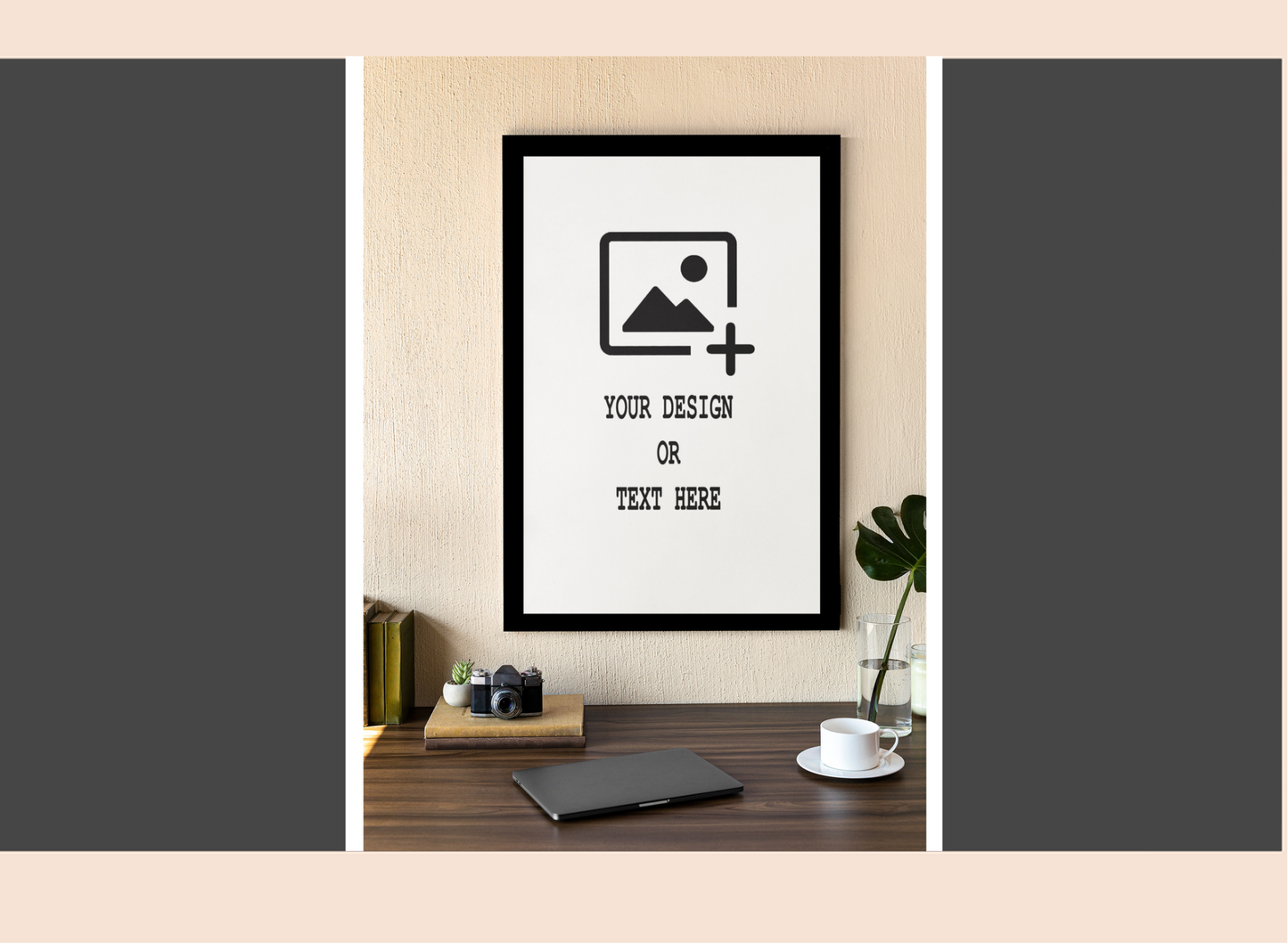 Framed poster mockup on a wall with a minimal desk setup.
