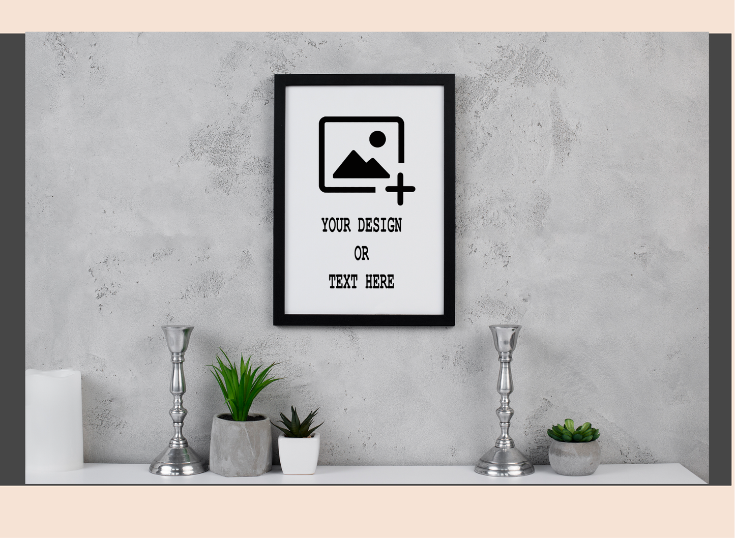 Framed poster with customizable text or design on a wall with decor elements.