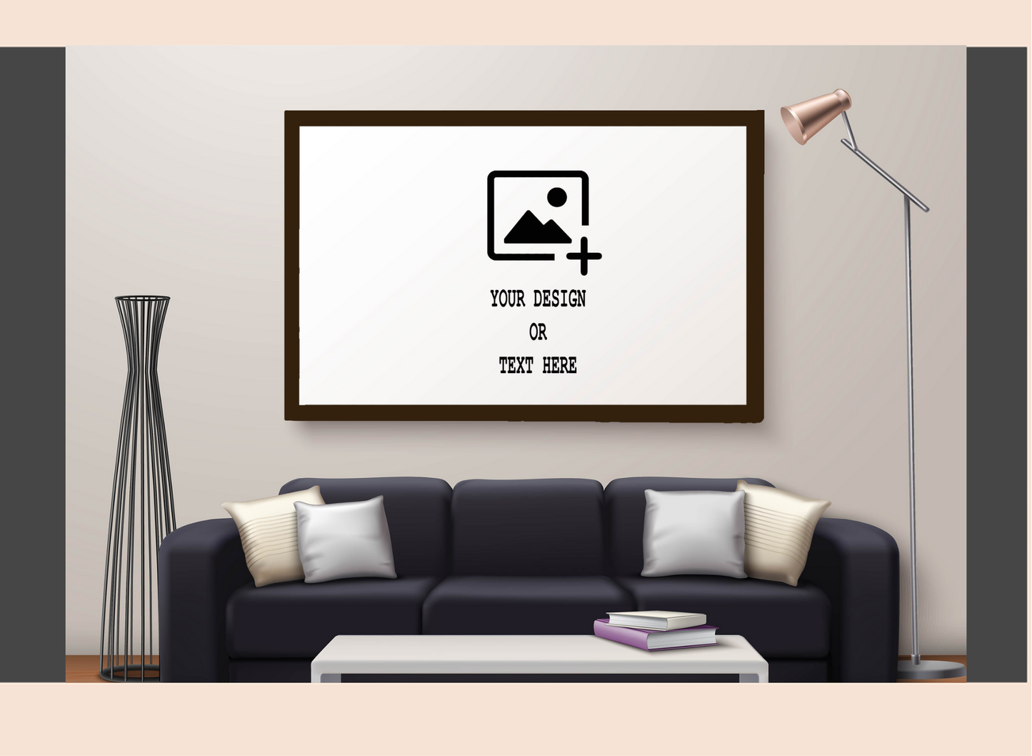 Framed artwork with customizable text or design on a wall above a sofa.