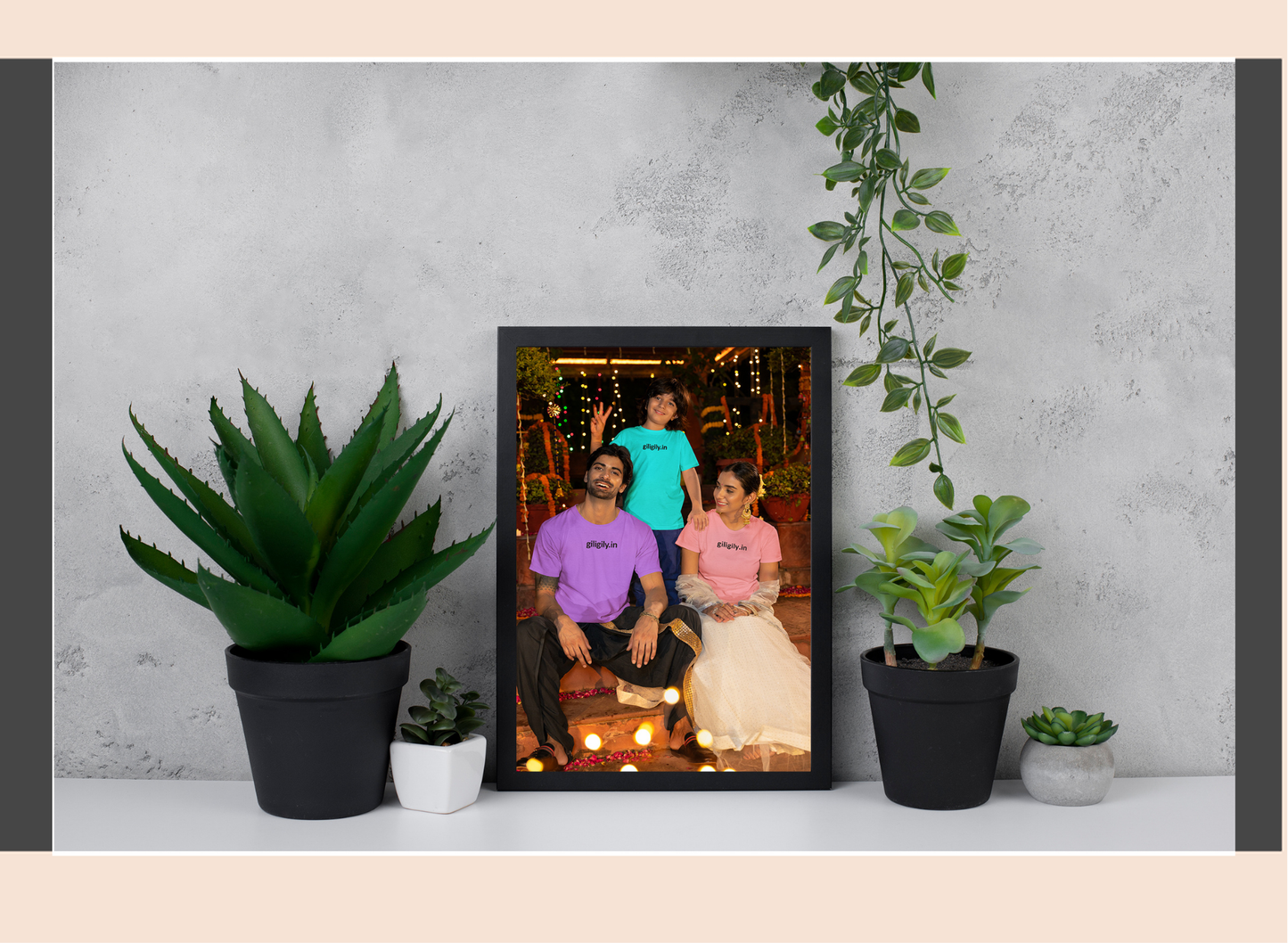 Framed family photo on a shelf with plants