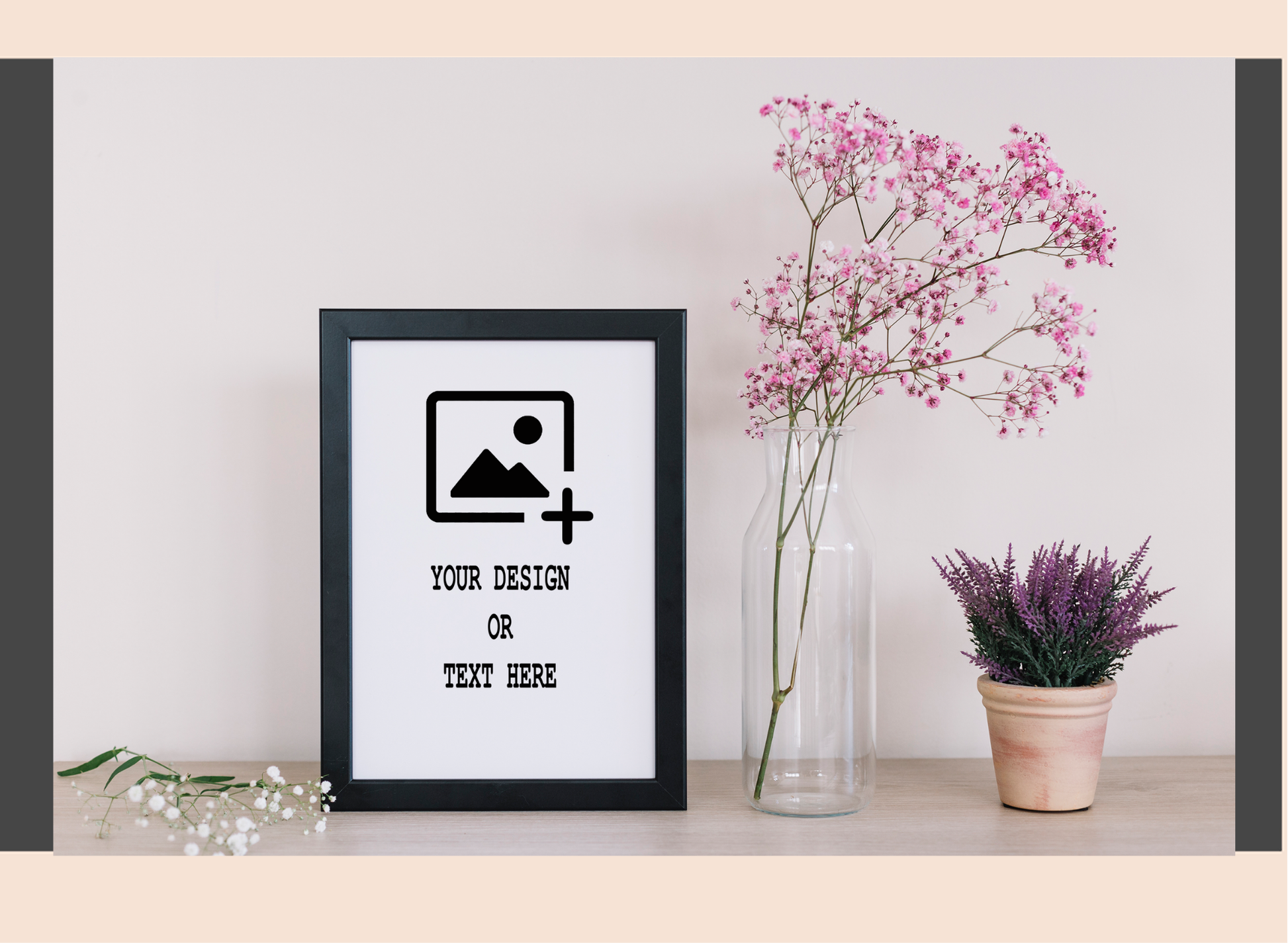 Framed artwork with customizable text on a shelf with decorative plants.