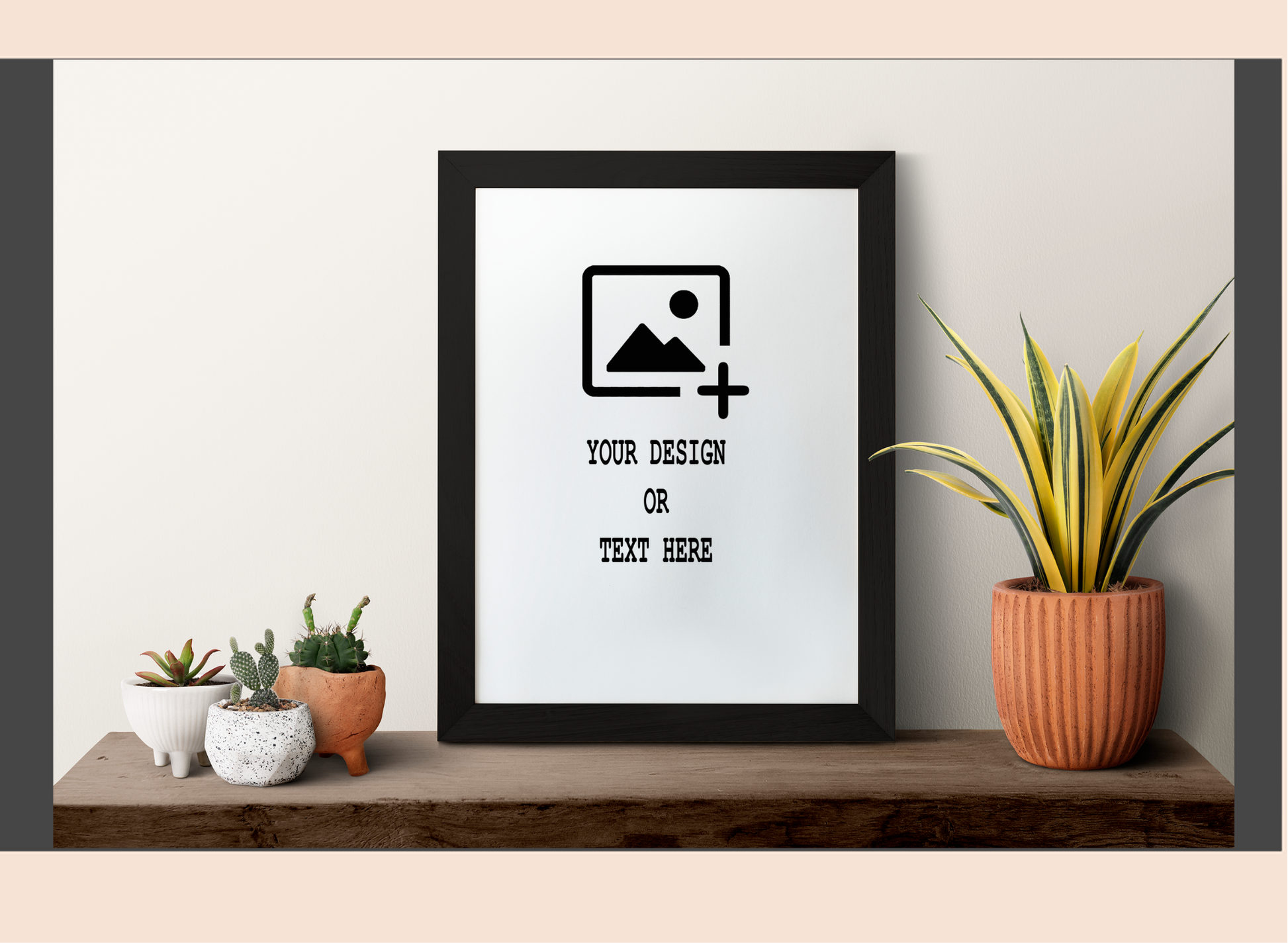Framed artwork with customizable text on a shelf with decorative plants