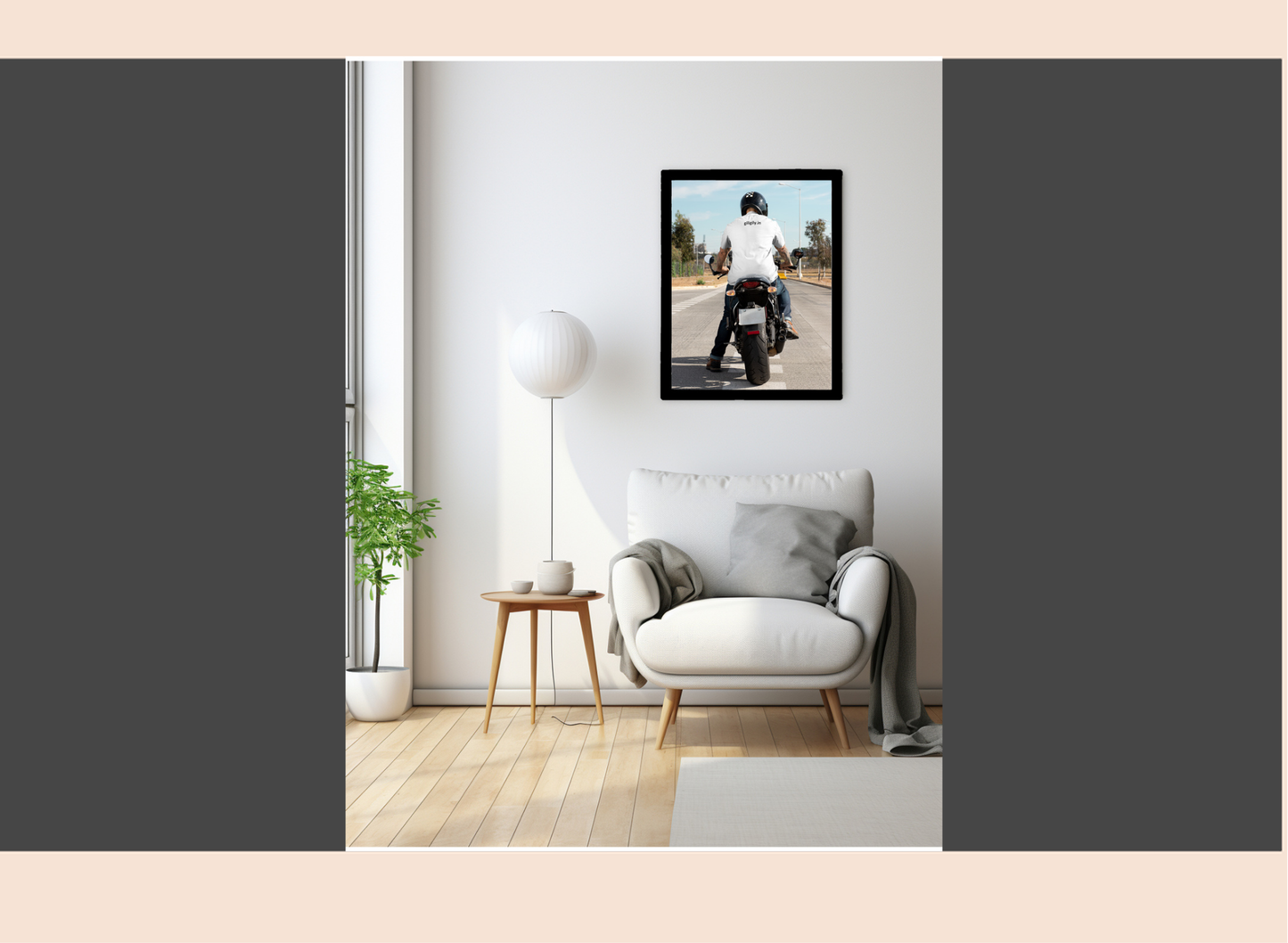 Sofa with 'GIGILY' pillows, framed picture of a child on the wall, and decorative plants.