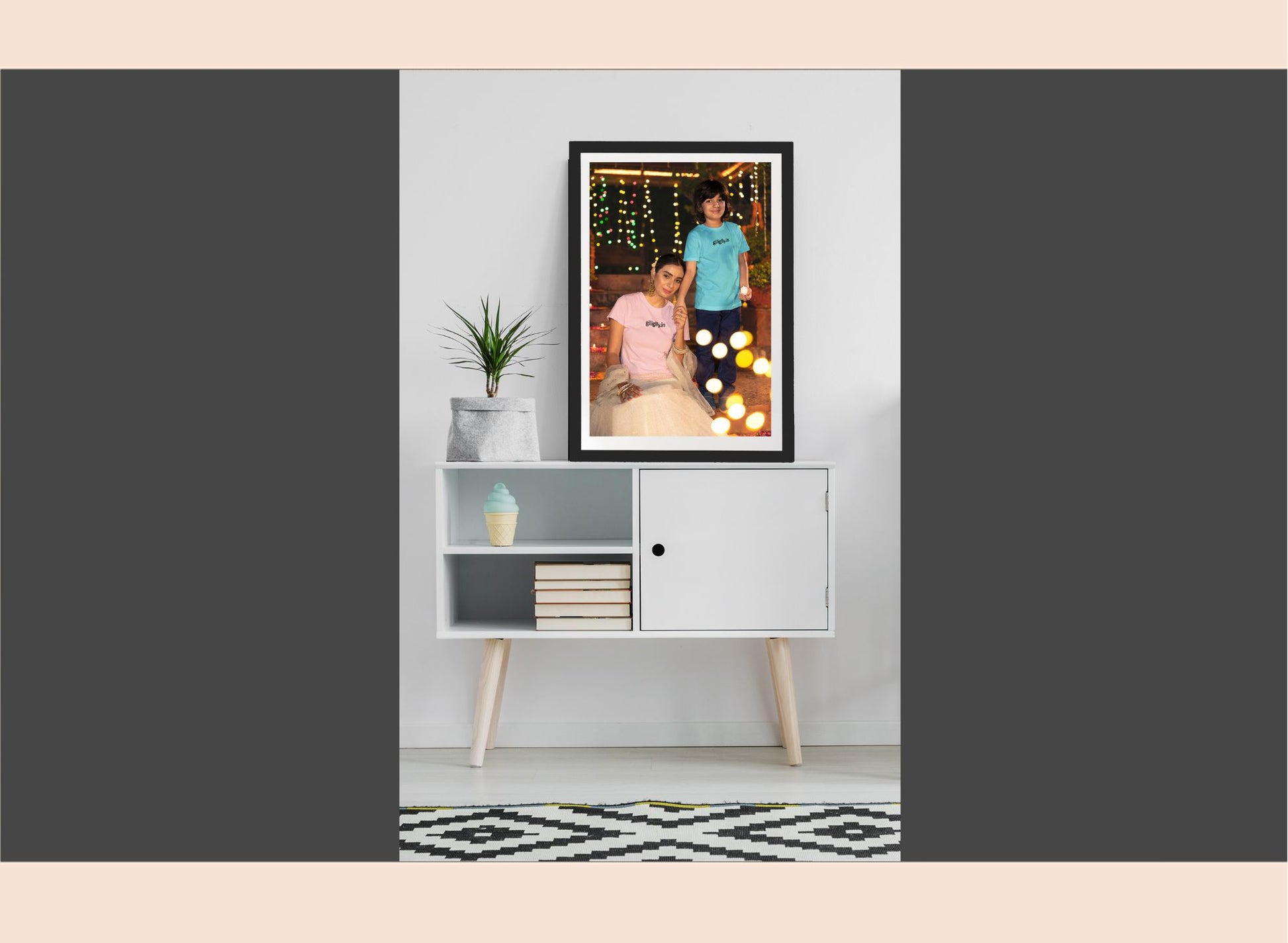 Framed photo of a couple on a shelf with decorative items