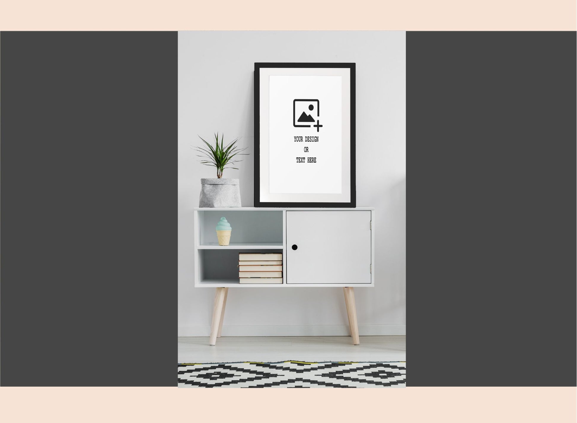 Modern interior with a white cabinet, plant, and framed picture on a gray background