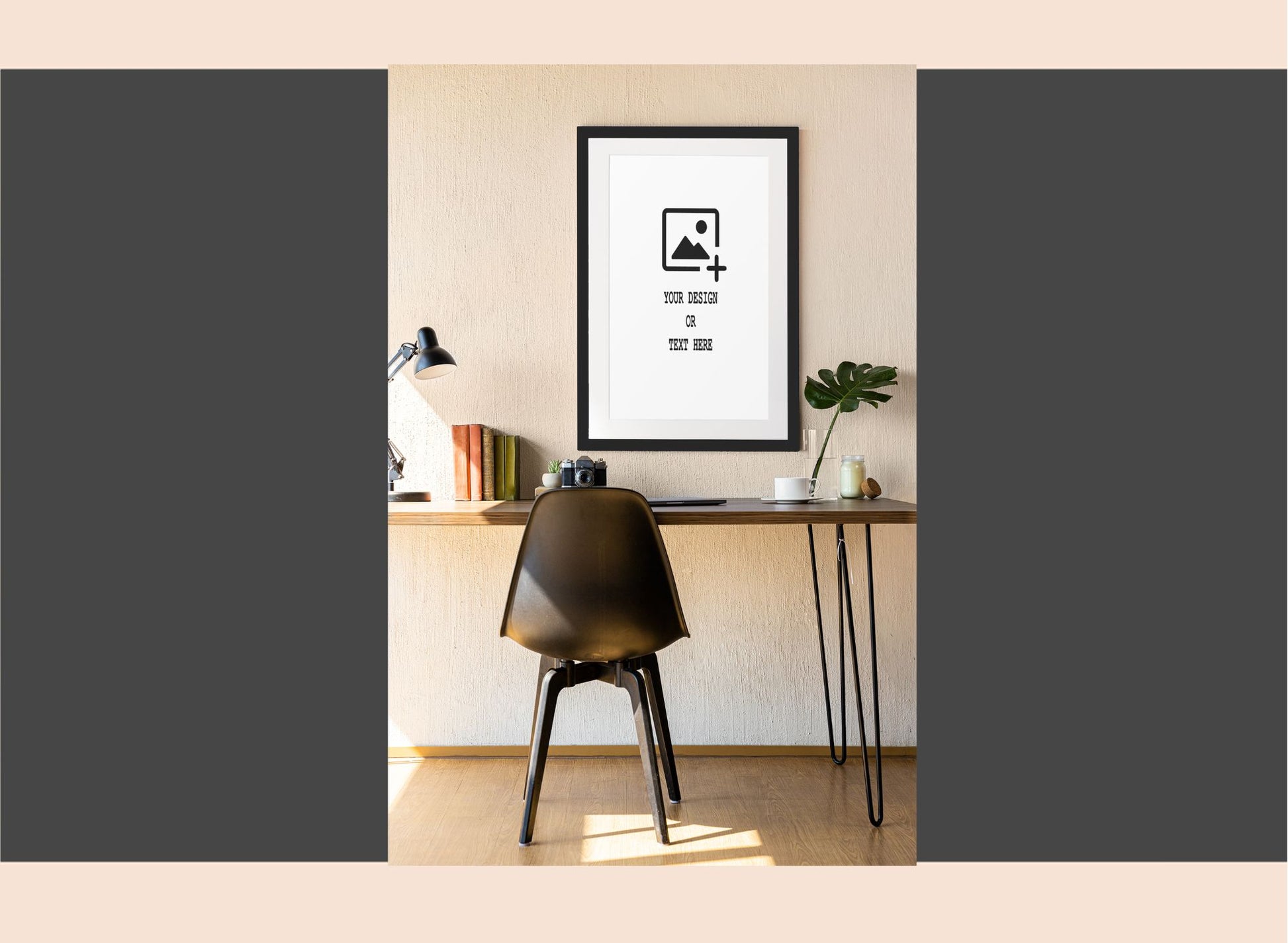 Modern office desk with a chair and framed poster on a neutral wall.