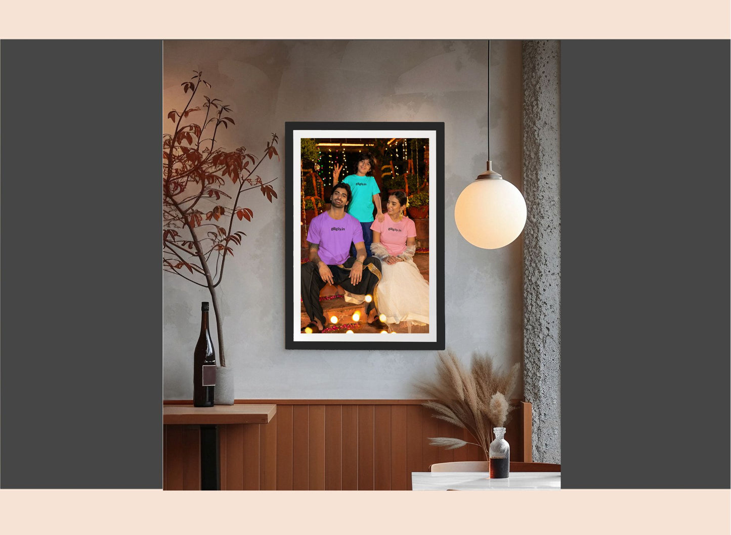 Framed family photo on a wall with decorative elements