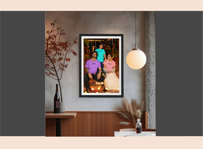 Framed family photo on a wall with decorative elements