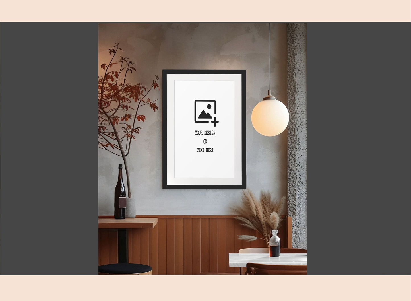 Framed poster on a wall in a modern interior setting with decor elements.
