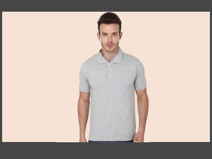 Man wearing a grey polo tshirt.