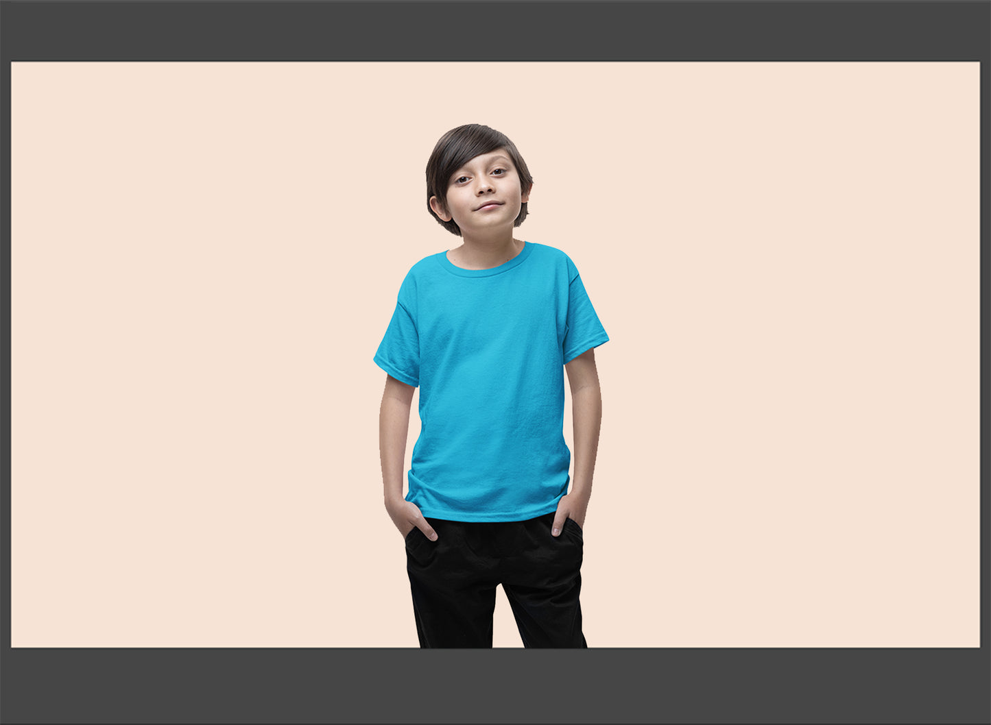 Person wearing a blue t-shirt on a beige background
