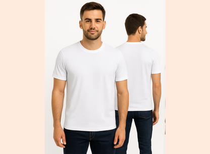 Man wearing a plain white t-shirt with front and back views on a light pink background