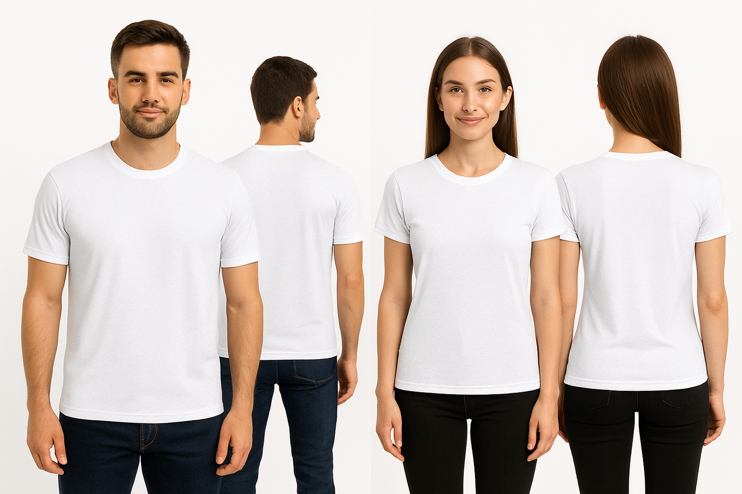 Two people, one male and one female, wearing white t-shirts with front and back views on a plain background.