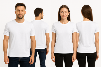 Two people, one male and one female, wearing white t-shirts with front and back views on a plain background.