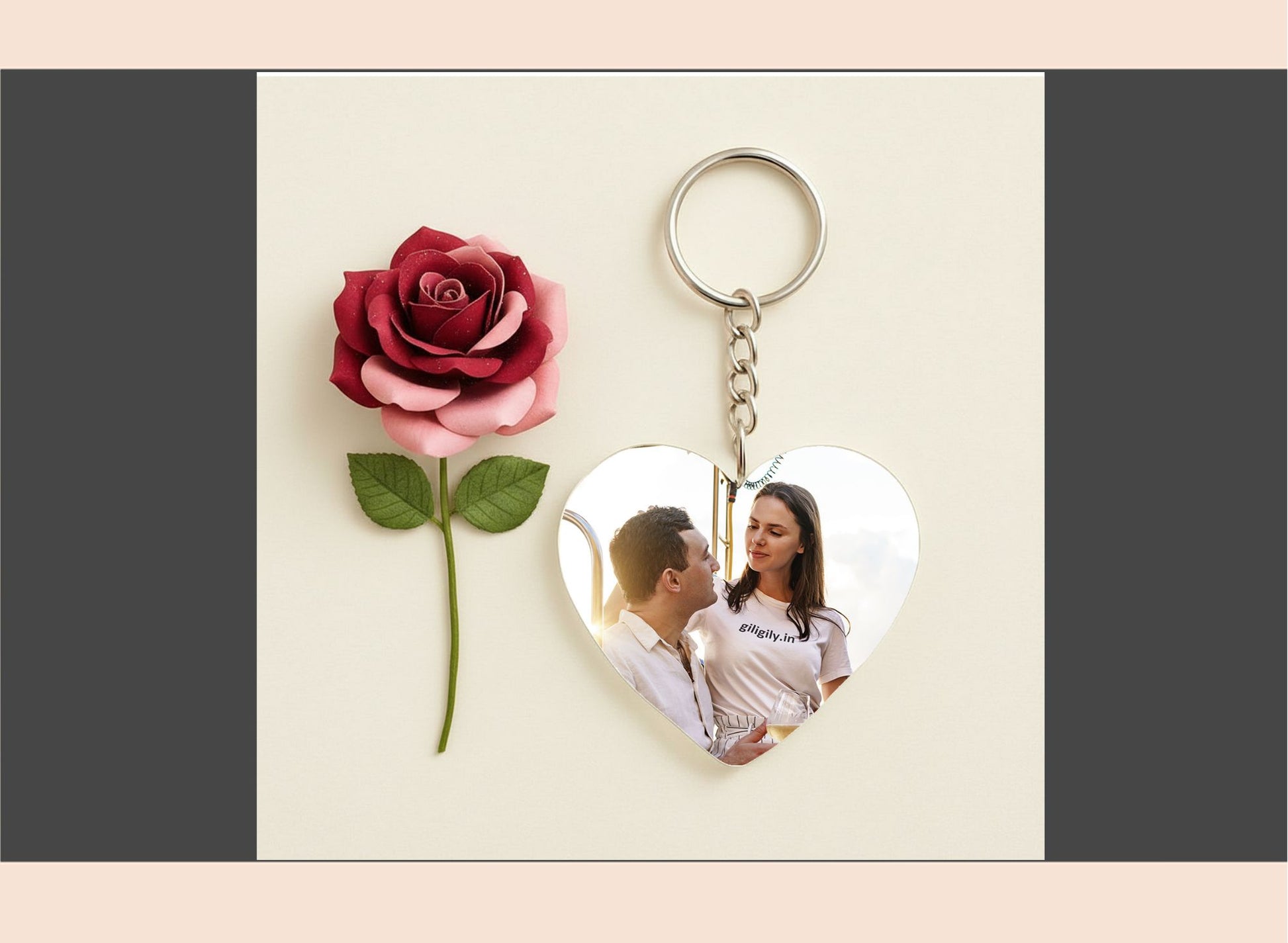 Keychain with heart-shaped photo insert and rose on a light background