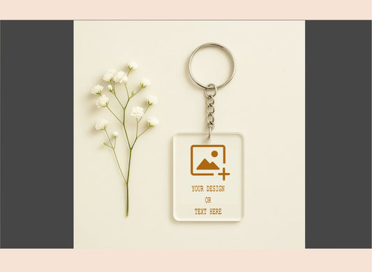 Personalized keychain with customizable design area on a neutral background