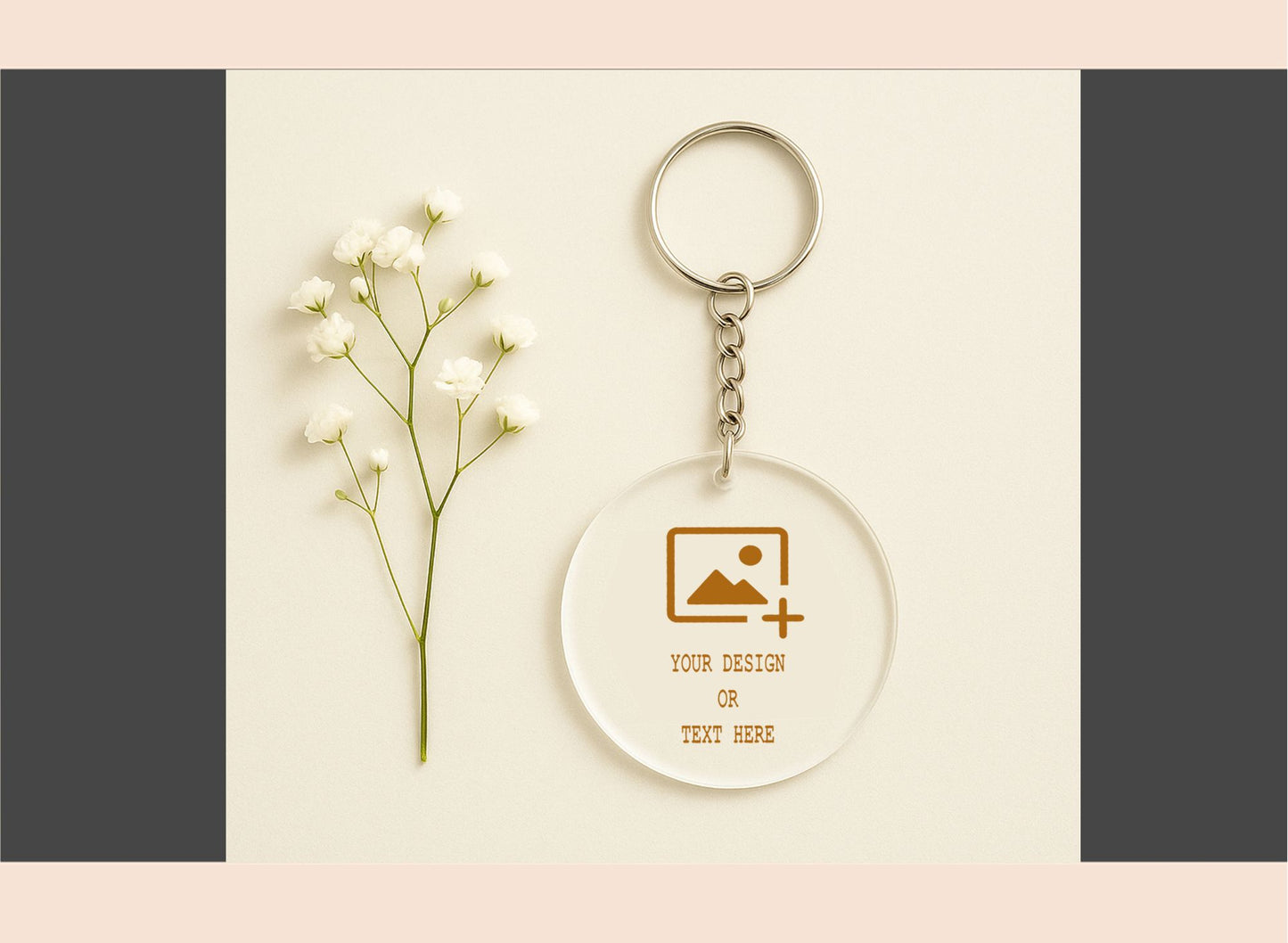 Clear keychain with customizable design on a light background