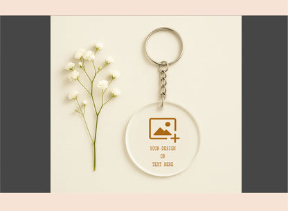 Clear keychain with customizable design on a light background