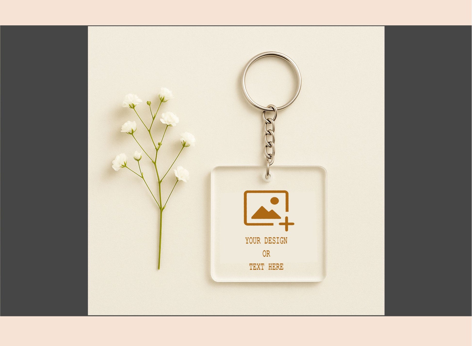 Personalized keychain with customizable design area on a neutral background