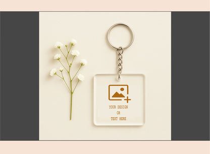 Personalized keychain with customizable design area on a neutral background