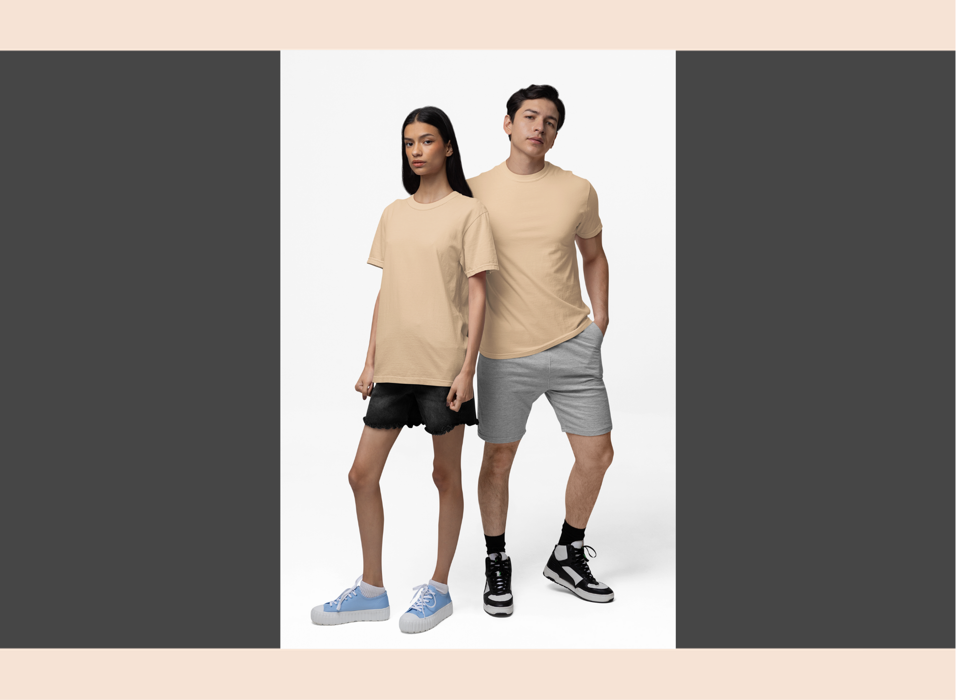 Two people wearing beige t-shirts and gray shorts on a white background