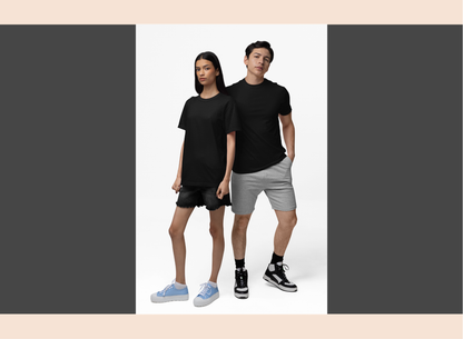 Two people wearing black t-shirts and gray shorts on a white background