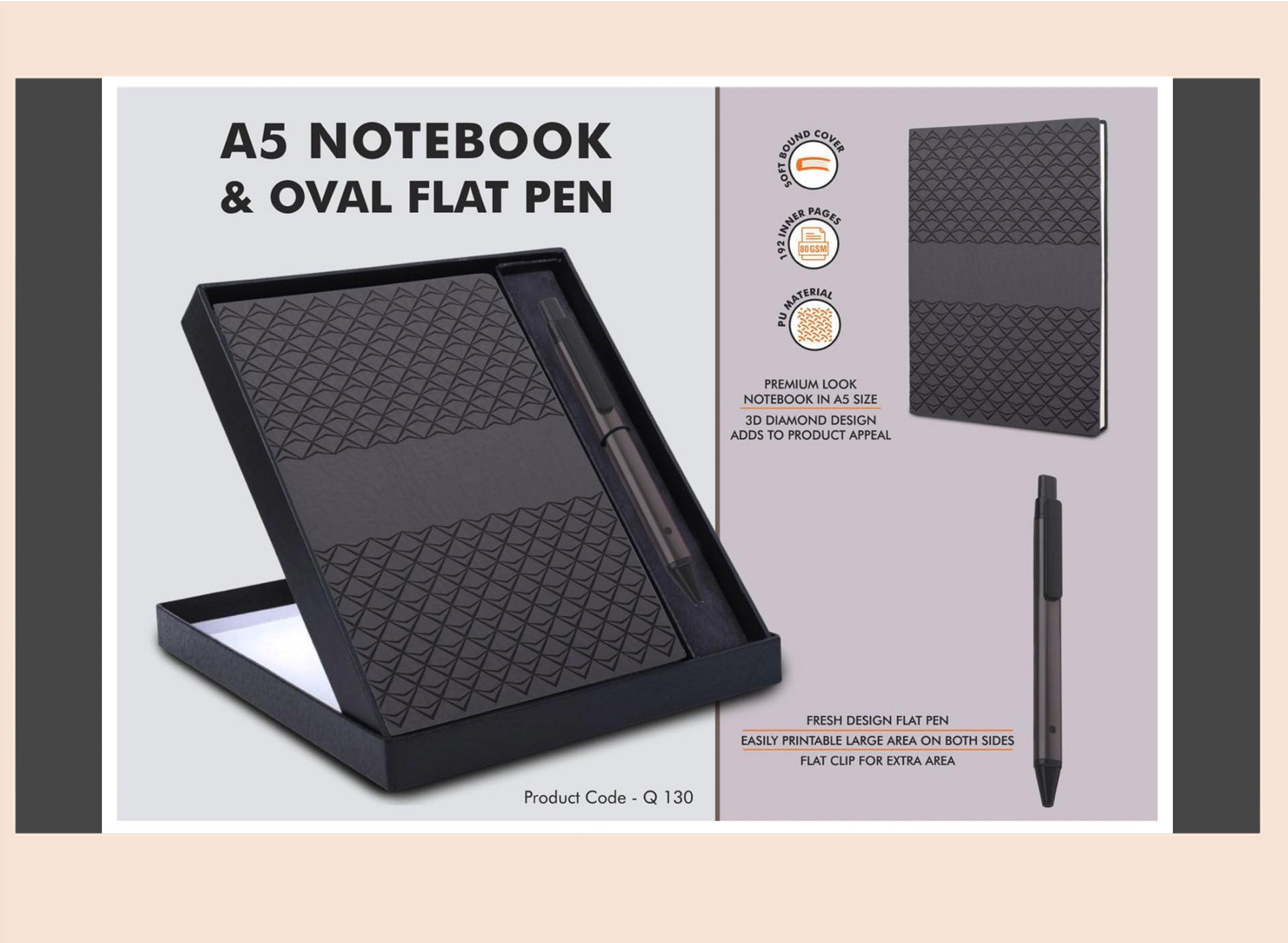 A5 notebook and oval flat pen set with packaging on a beige background