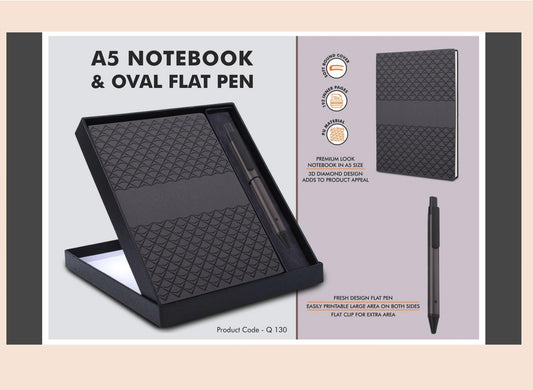 A5 notebook and oval flat pen set with packaging on a beige background