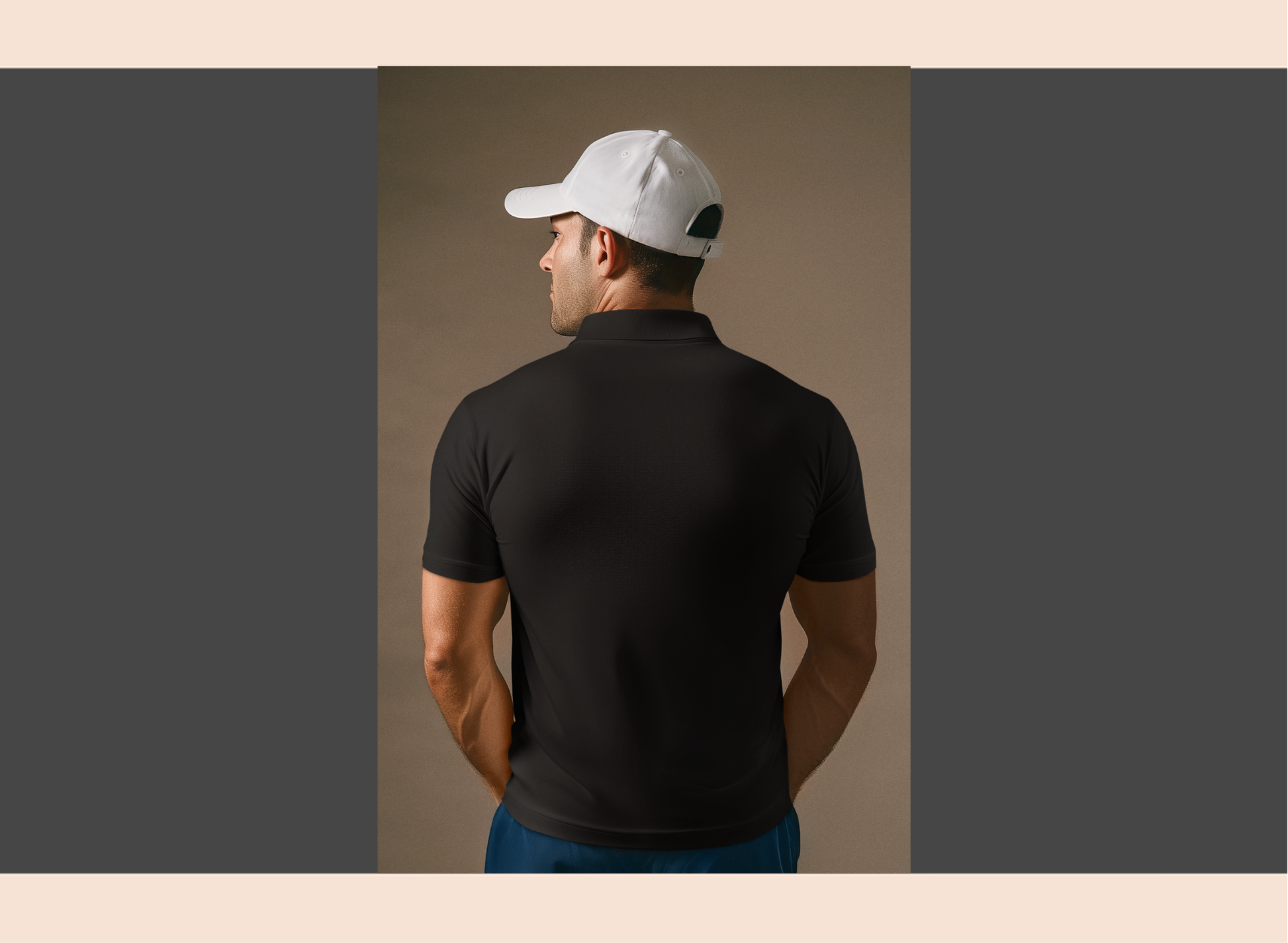 Man wearing a black polo shirt and white cap against a beige background
