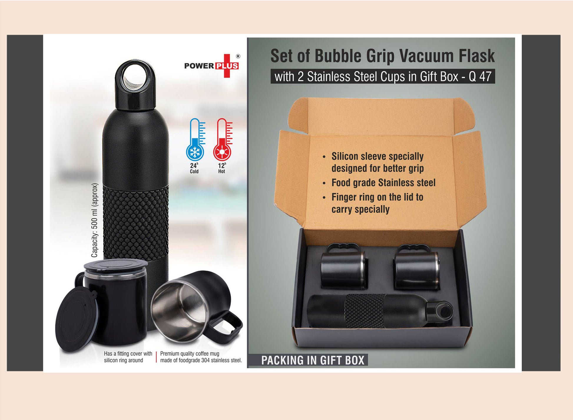 Set of bubble grip vacuum flask with stainless steel cups in a gift box packaging.