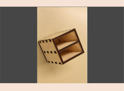 Wooden box with black stripes on a beige background