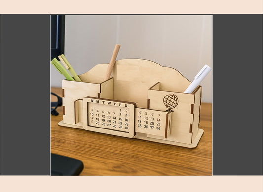 Wooden desk organizer with calendar on a wooden surface