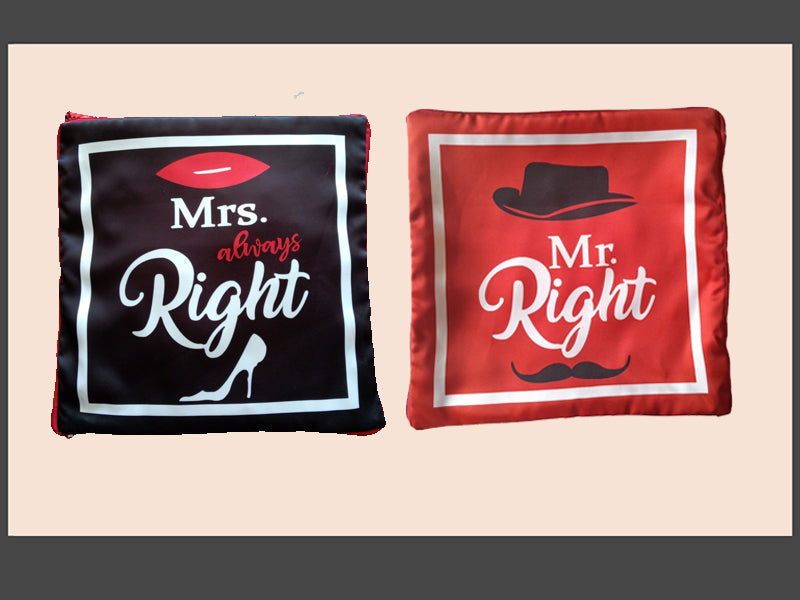 Two decorative pillows with 'Mrs. always Right' and 'Mr. Right' text on a beige background.