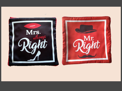 Two decorative pillows with 'Mrs. always Right' and 'Mr. Right' text on a beige background.