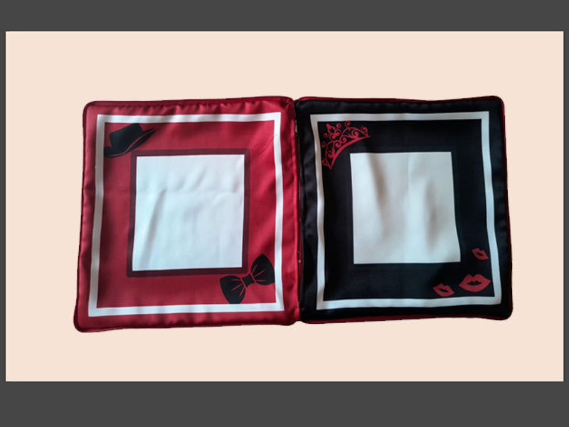 Two satin fabric samples with decorative patterns on a beige background