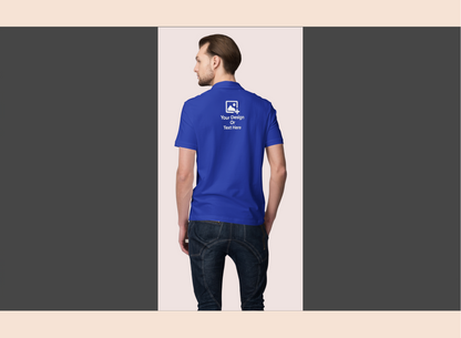 Man wearing a blue t-shirt with text on the back, standing against a neutral background