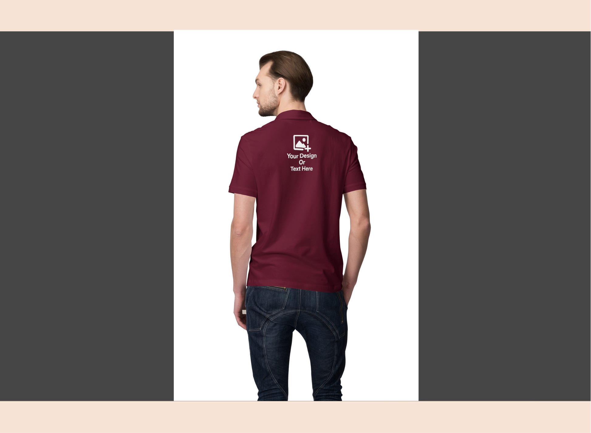 Man wearing a maroon polo shirt with a logo on the back, standing against a plain background.