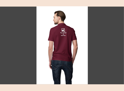 Man wearing a maroon polo shirt with a logo on the back, standing against a plain background.
